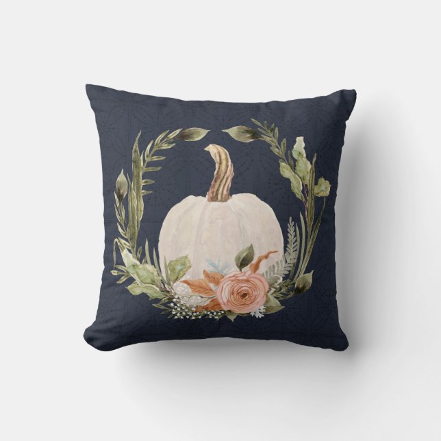 Fall Pumpkin Navy Blue Peach Rust Floral Foliage Cushion (Front)