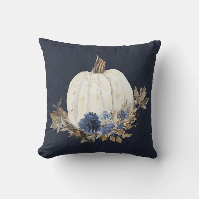 Fall Pumpkin Navy Blue Watercolor Floral Foliage Cushion (Front)