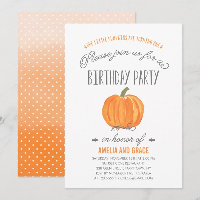Fall Pumpkin Ombre TWINS First Birthday Invitation (Front/Back)