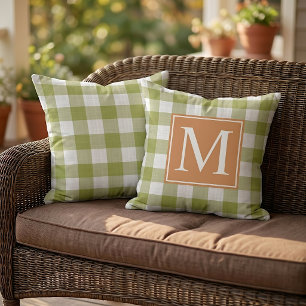 Fall Pumpkin Orange Leaves Green Gingham Pattern Cushion