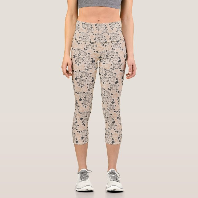 Fall Pumpkin Outline Capri Leggins - Tan (Front)
