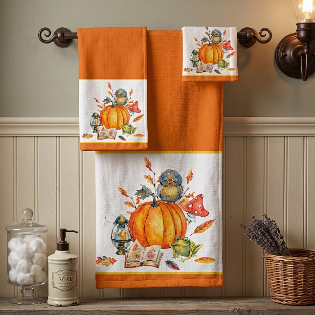 Fall Pumpkin owl and frog  Bath Towel Set (Creator Uploaded)
