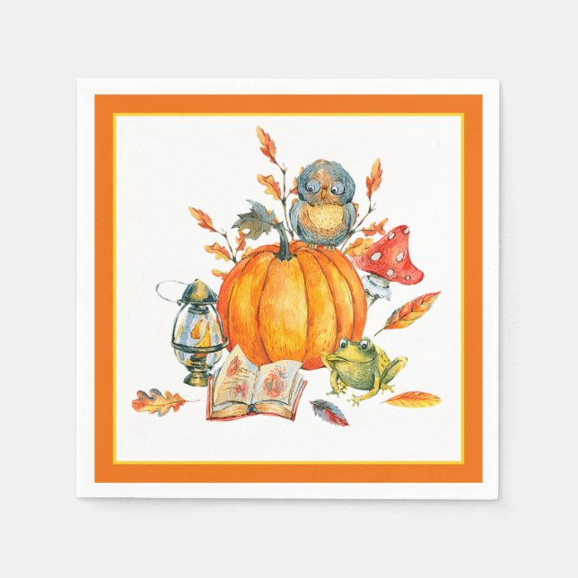 Fall Pumpkin owl and frog  Napkin (Front)