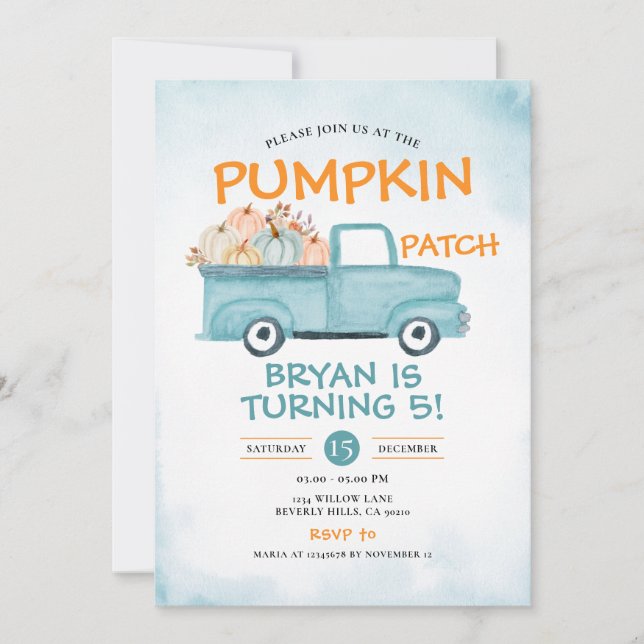 Fall Pumpkin Patch Birthday Truck Autumn Floral Invitation (Front)