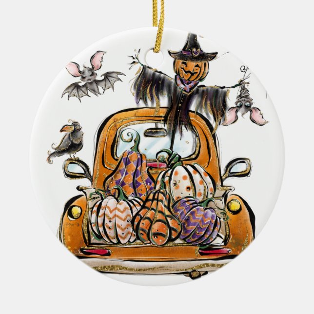 Fall Pumpkin Patch Truck with bats scarecrow bird  Ceramic Ornament (Front)