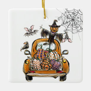 Fall Pumpkin Patch Truck with bats scarecrow bird Ceramic Ornament