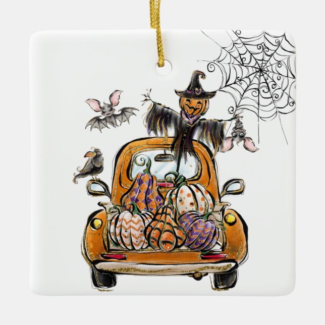 Fall Pumpkin Patch Truck with bats scarecrow bird  Ceramic Ornament (Front)