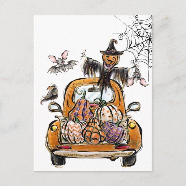 Fall Pumpkin Patch Truck with bats scarecrow bird  Holiday Postcard (Front)