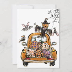 Fall Pumpkin Patch Truck with bats scarecrow bird  Invitation