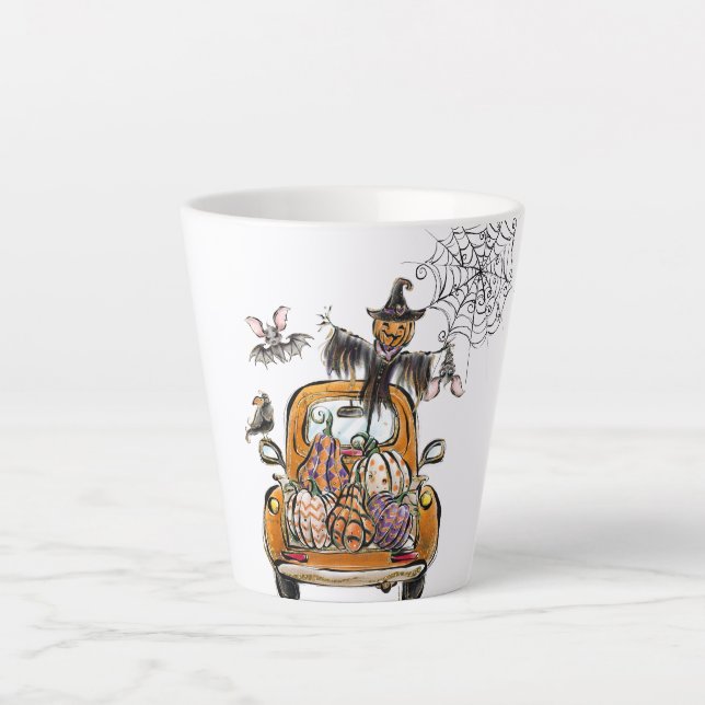 Fall Pumpkin Patch Truck with bats scarecrow bird  Latte Mug (Front)