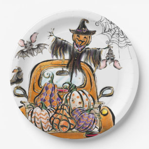 Fall Pumpkin Patch Truck with bats scarecrow bird  Paper Plate