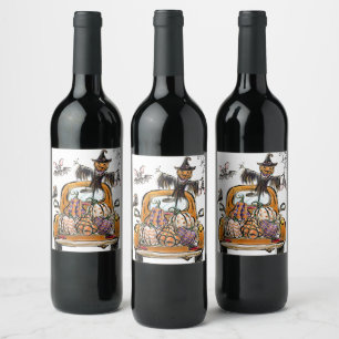 Fall Pumpkin Patch Truck with bats scarecrow bird  Wine Label