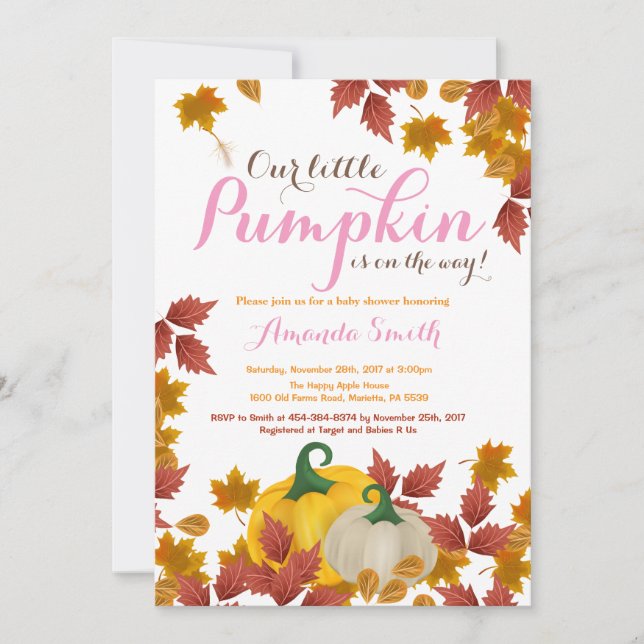 Fall Pumpkin Pink Girl Baby Shower invitation (Front)