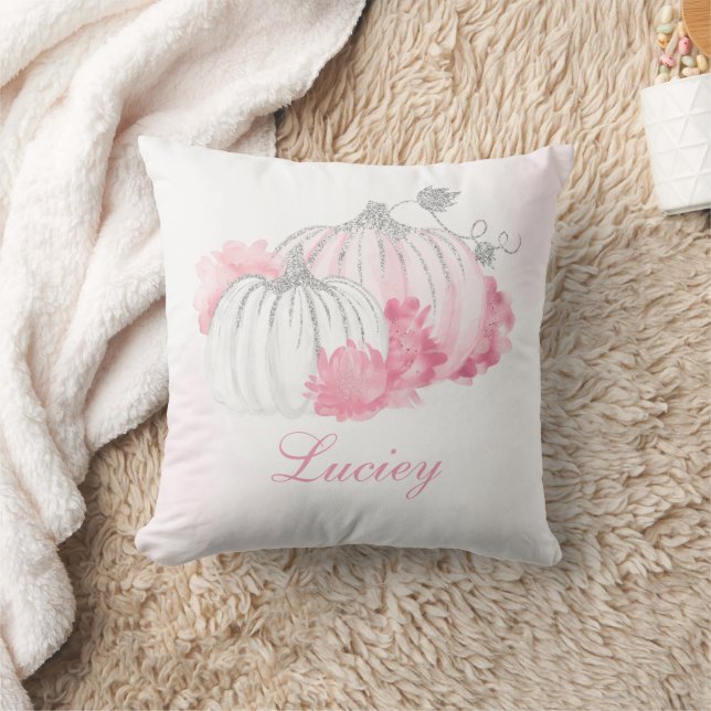 Fall Pumpkin Pink Girly Glitter Watercolor Floral  Cushion (Blanket)