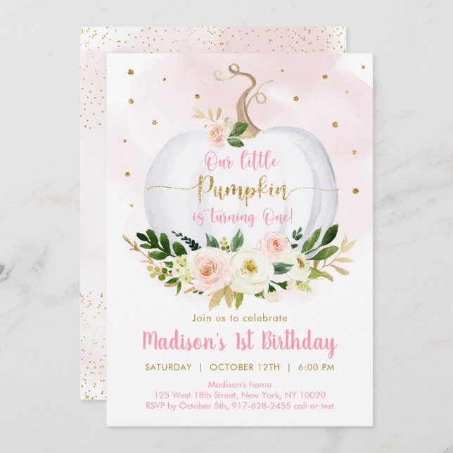 Fall Pumpkin Pink Gold Girl First Birthday Invitation (Front/Back)