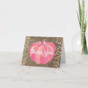 Fall Pumpkin Pink Gold Glitter Burlap Thank You Card