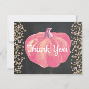 Fall Pumpkin Pink Gold Glitter Chalkboard Thank You Card