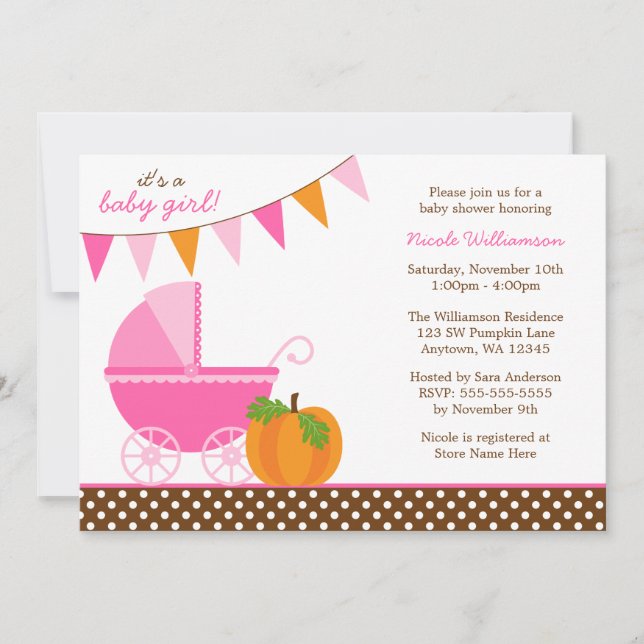 Fall Pumpkin Pink Orange Banner Girl Baby Shower Invitation (Front)