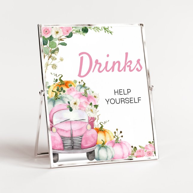 Fall Pumpkin Pink Truck Drinks Sign (Little Pumpkin Pink Truck Baby Shower Drinks Sign)