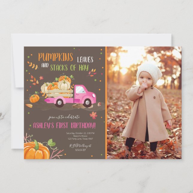 Fall Pumpkin Pink Truck Orange Green Girl Birthday Invitation (Front)