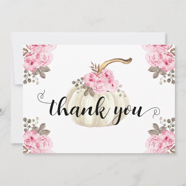 Fall Pumpkin Pink Watercolor Floral Thank You Card (Front)