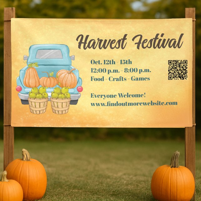 Fall Pumpkin QR Code Autumn Harvest Festival Banner (ChatGPT said:

Harvest Festival banner with pumpkins, truck, and QR code for easy access to event de)