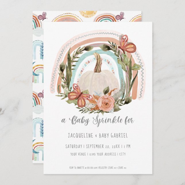 Fall Pumpkin Rainbow Mustard Blue Blush Floral Art Invitation (Front/Back)