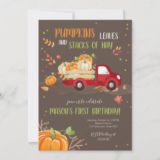 Fall Pumpkin Red Truck Orange Green Boy Birthday Invitation (Front)