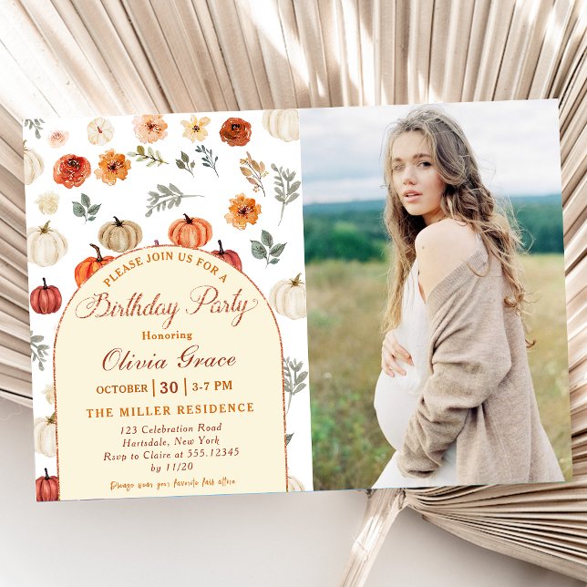 Fall Pumpkin Rustic Birthday Party Photo Invitation (Creator Uploaded)