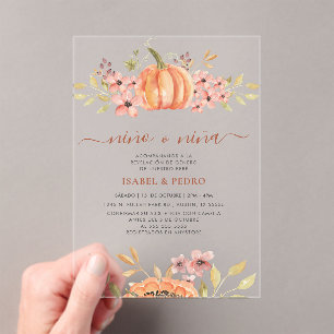 Fall Pumpkin Rustic Boho Spanish Gender Reveal Acrylic Invitations