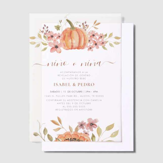 Fall Pumpkin Rustic Boho Spanish Gender Reveal Vellum Invitations (Offset)
