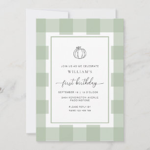 Fall Pumpkin Sage Gingham 1st Birthday Invitation