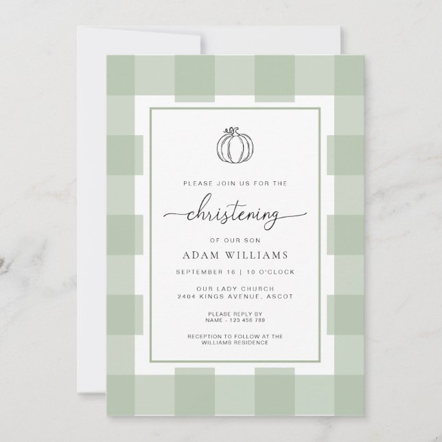 Fall Pumpkin Sage Green Gingham Christening Invitation (Front)