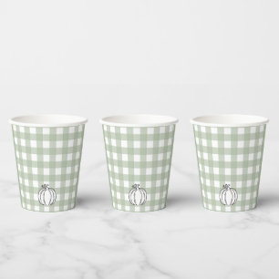 Fall Pumpkin Sage Green Gingham Paper Cups