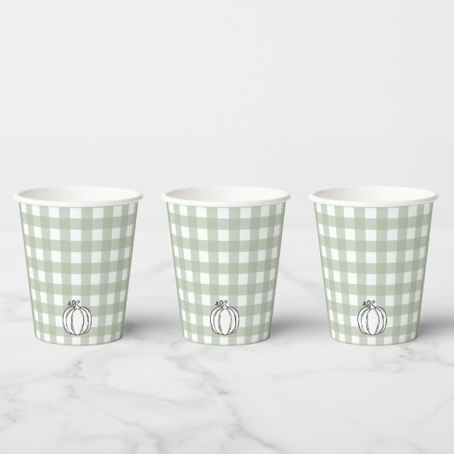 Fall Pumpkin Sage Green Gingham Paper Cups (Multi)