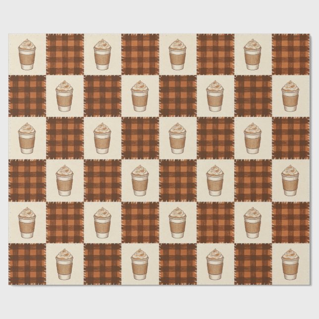 Fall Pumpkin Spice Coffee Plaid Wrapping Paper (Flat)