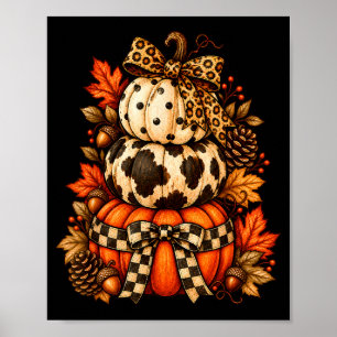 Fall pumpkin stack leopard bow chequered autumn poster