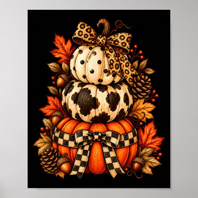 Fall pumpkin stack leopard bow chequered autumn poster (Front)