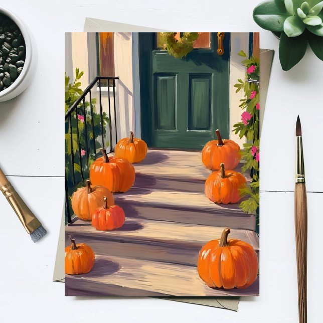 Fall Pumpkin Stoop | Autumn Thanksgiving Painted Holiday Postcard (Creator Uploaded)