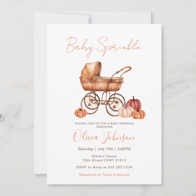 Fall Pumpkin Stroller Baby Sprinkle Baby Shower Invitation (Front)
