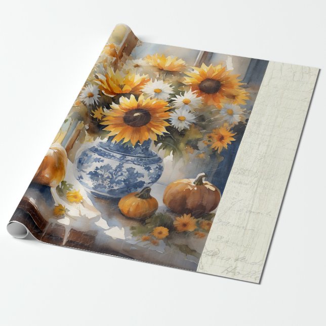 Fall Pumpkin Sunflower Floral Blue White Decoupage Wrapping Paper (Unrolled)