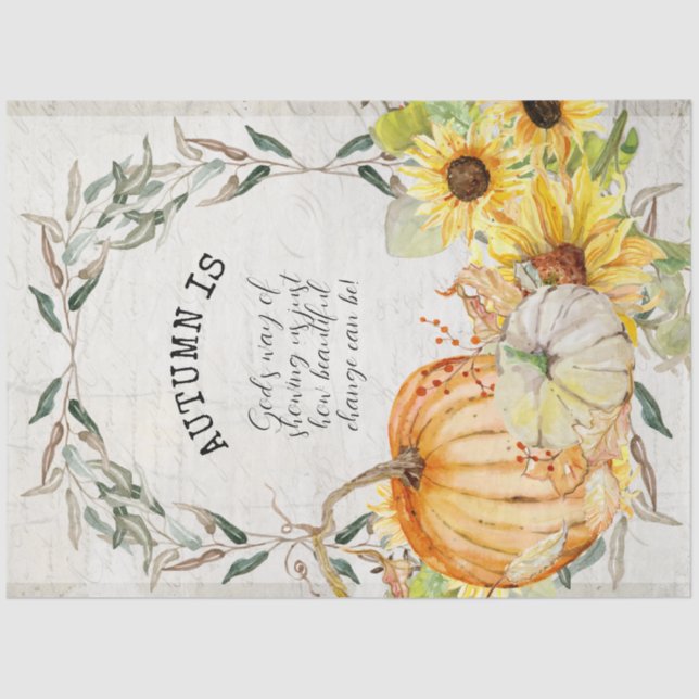 Fall Pumpkin Sunflower Watercolor Floral Decoupage Tissue Paper (Front)