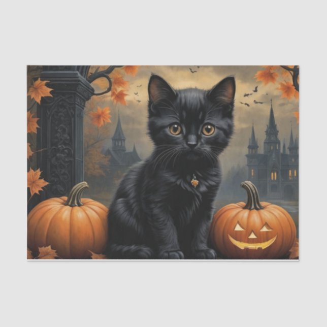 Fall Pumpkin Sweet Black kitten decoupage  Tissue Paper (Front)