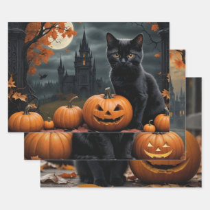 Fall Pumpkin Sweet Black kitten decoupage  Wrapping Paper Sheet