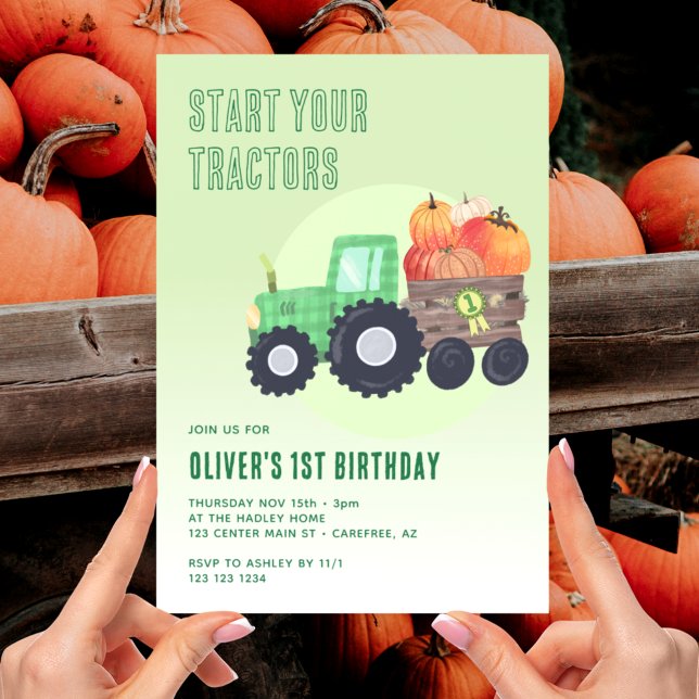 Fall Pumpkin Tractor Boy 1st Birthday Invitation (Creator Uploaded)