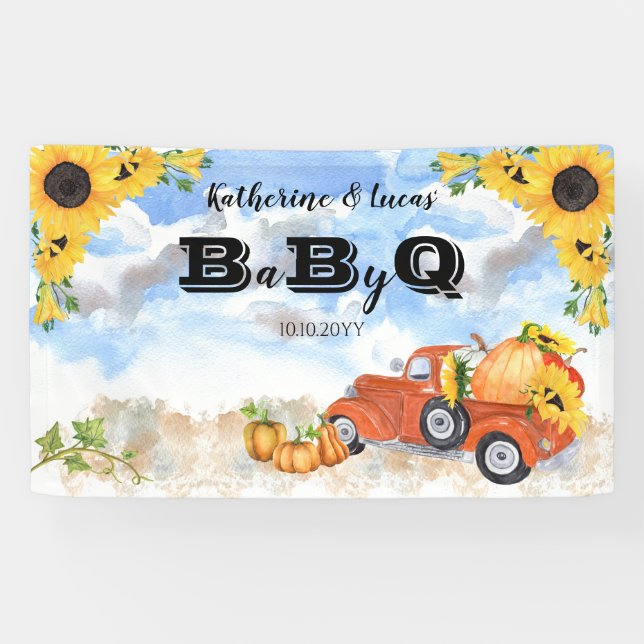 Fall Pumpkin Truck | Sunflowers Baby BBQ Shower Banner (Horizontal)