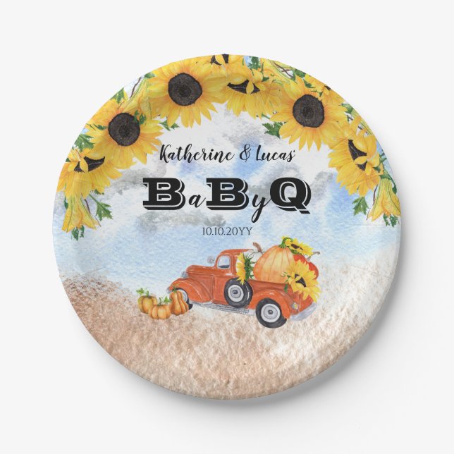 Fall Pumpkin Truck | Sunflowers Baby BBQ Shower Paper Plate (Front)