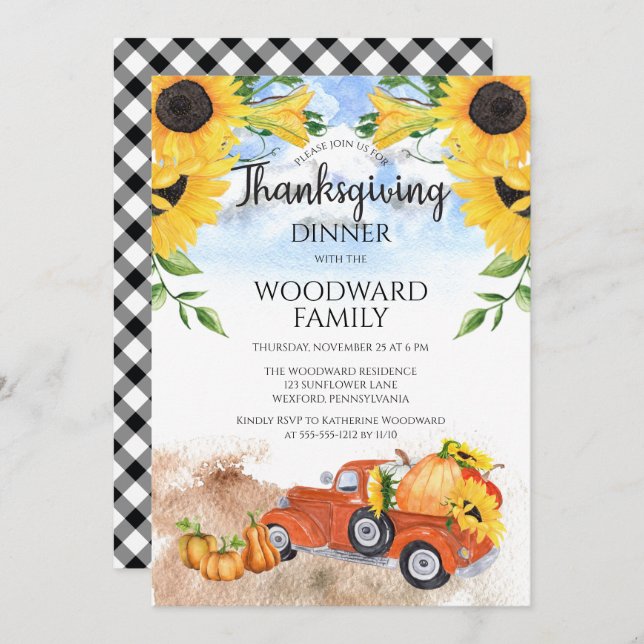 Fall Pumpkin Truck| Sunflowers Thanksgiving Dinner Invitation (Front/Back)