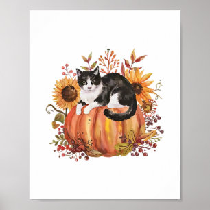 Fall Pumpkin Tuxedo Cat Sunflower Thanksgiving Spo Poster