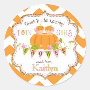 Fall Pumpkin Twin Girls Gold Glitter Baby Shower Classic Round Sticker